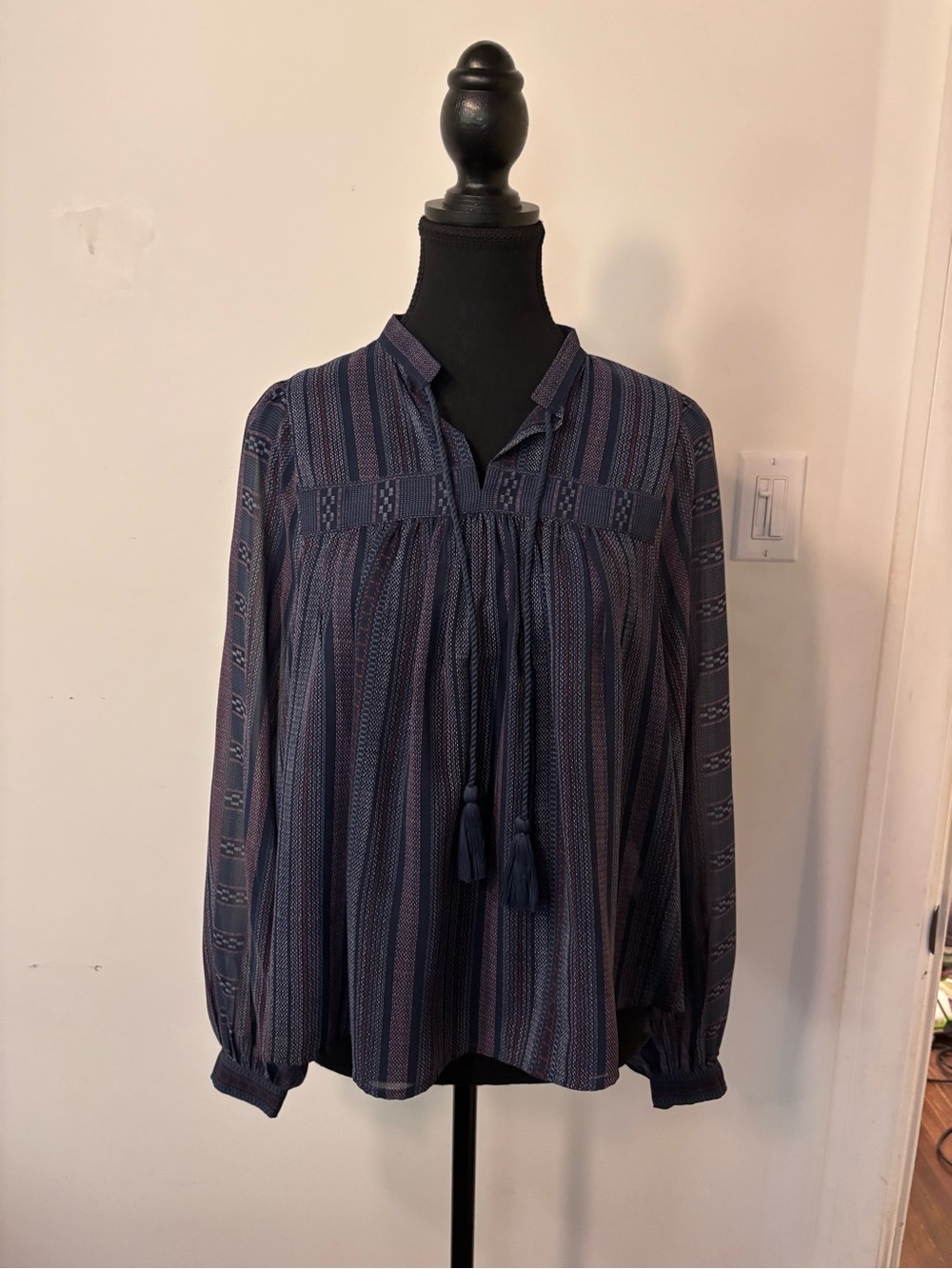 Lucky Brand Navy Striped Tassel Peasant Blouse